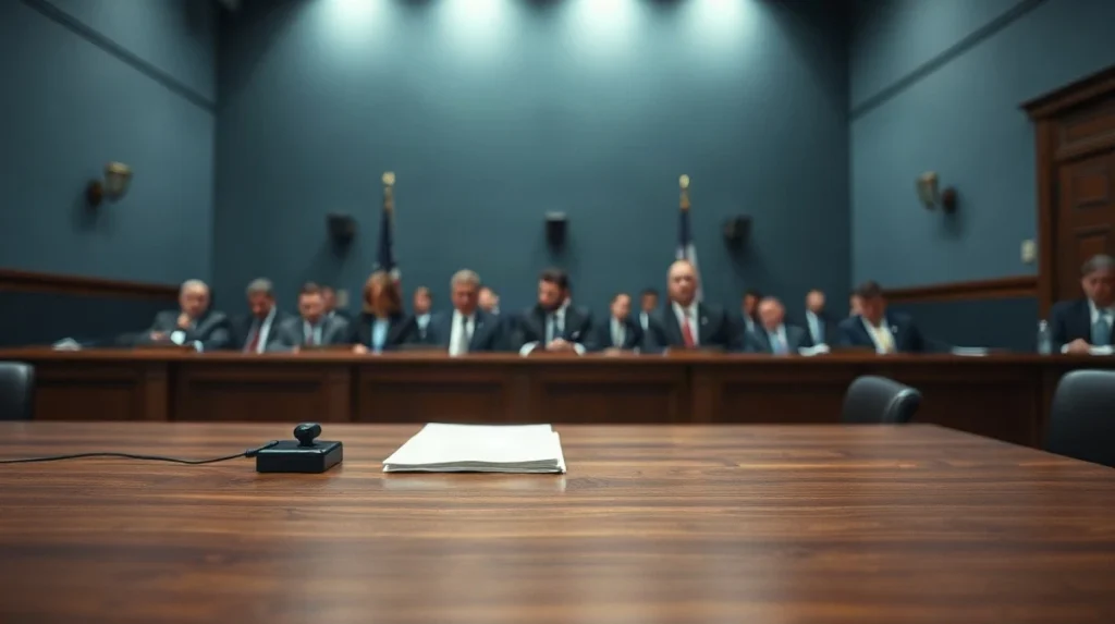 Empty chair and microphone at a federal regulatory hearing desk in a Washington hearing room