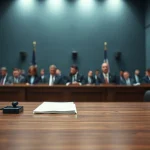 Empty chair and microphone at a federal regulatory hearing desk in a Washington hearing room