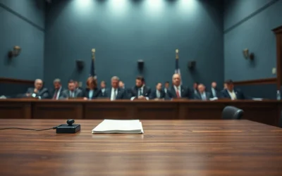 Empty chair and microphone at a federal regulatory hearing desk in a Washington hearing room