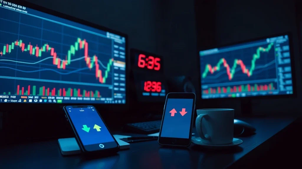 Nighttime trading desk with monitors showing crypto charts and a five-minute countdown timer on a phone