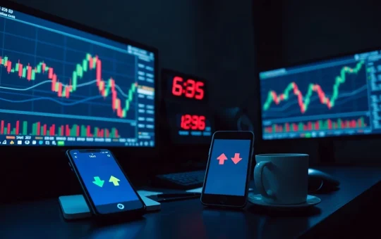 Nighttime trading desk with monitors showing crypto charts and a five-minute countdown timer on a phone