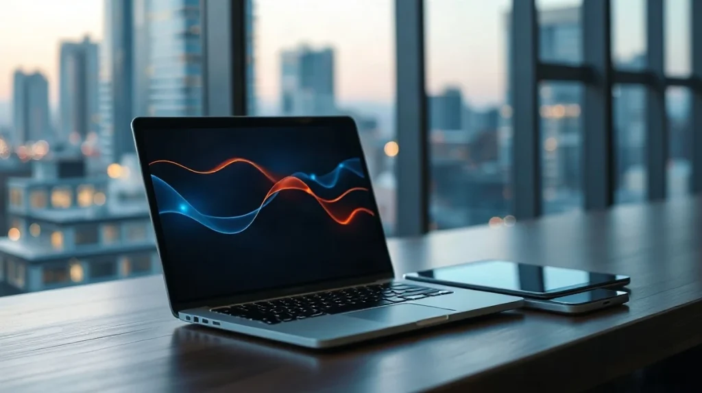 Financial desk with laptop and tablet showing abstract cross-border payment flow graphics