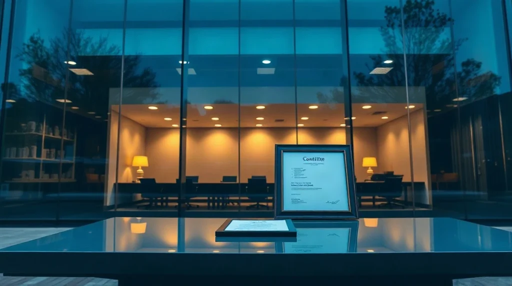 Exterior of a glass-fronted bank building with a lit meeting room visible inside
