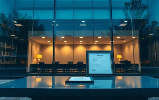 Exterior of a glass-fronted bank building with a lit meeting room visible inside