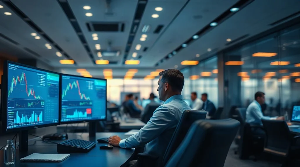 Institutional trader at a multi-monitor desk on a modern trading floor at dusk