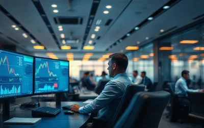 Institutional trader at a multi-monitor desk on a modern trading floor at dusk