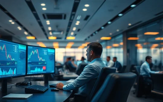 Institutional trader at a multi-monitor desk on a modern trading floor at dusk