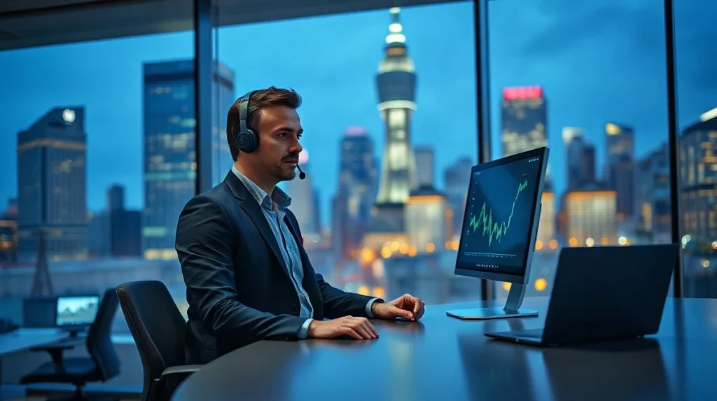 Institutional trader at a brokerage desk in a modern trading floor at dusk