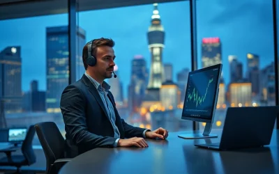 Institutional trader at a brokerage desk in a modern trading floor at dusk