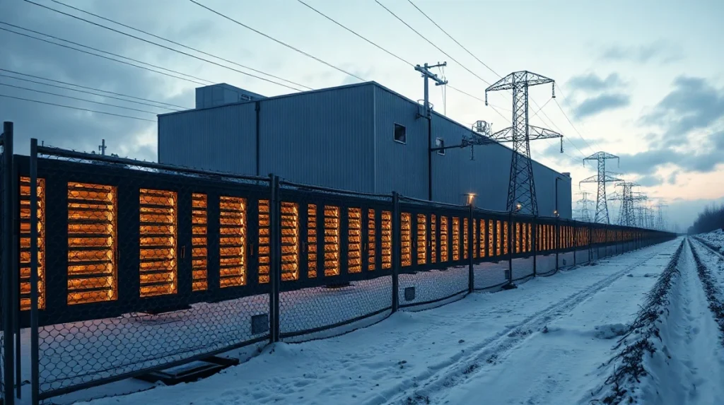 Crypto mining facility and high-voltage power lines under a winter sky