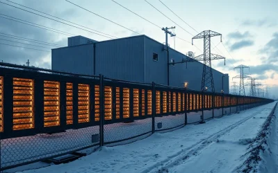 Crypto mining facility and high-voltage power lines under a winter sky