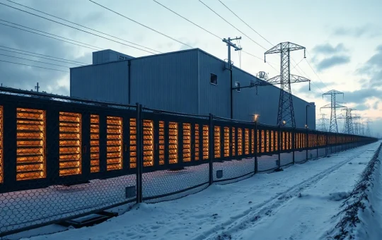 Crypto mining facility and high-voltage power lines under a winter sky