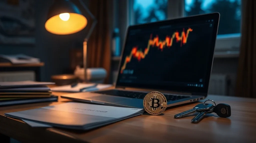 Laptop with abstract chart, gold Bitcoin coin, house keys and property brochure on a desk