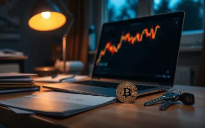 Laptop with abstract chart, gold Bitcoin coin, house keys and property brochure on a desk