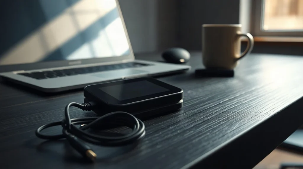 Black hardware crypto wallet on a dark desk under moody side lighting