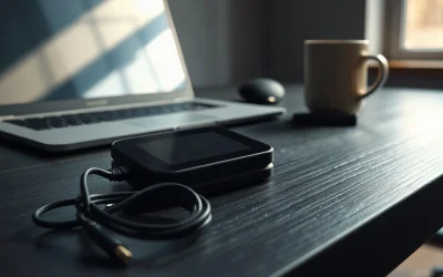 Black hardware crypto wallet on a dark desk under moody side lighting