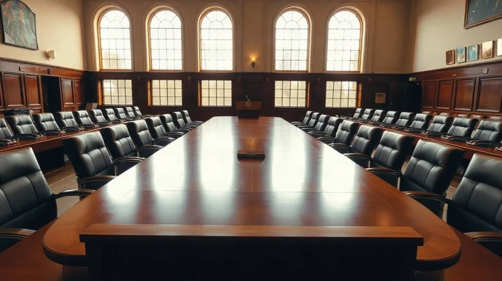 Empty federal regulator hearing room with a long conference table and podium, illustrating the SEC crypto custody proposal.