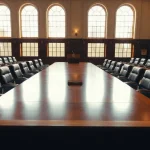 Empty federal regulator hearing room with a long conference table and podium, illustrating the SEC crypto custody proposal.