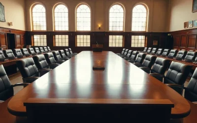 Empty federal regulator hearing room with a long conference table and podium, illustrating the SEC crypto custody proposal.