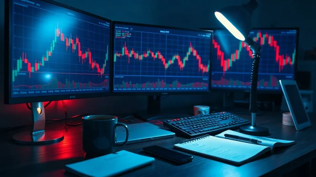 Trader's desk at night with candlestick charts on monitors and handwritten price levels