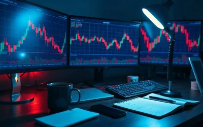 Trader's desk at night with candlestick charts on monitors and handwritten price levels