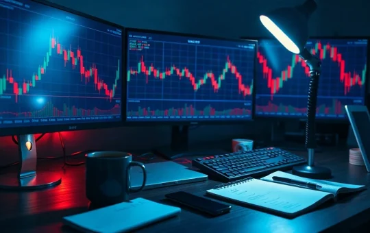Trader's desk at night with candlestick charts on monitors and handwritten price levels