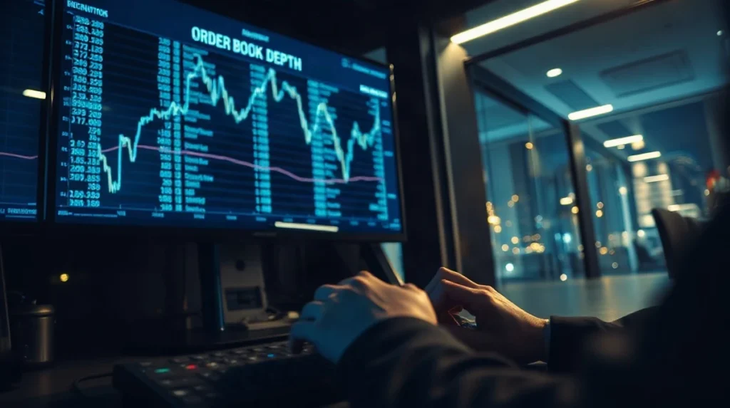 Institutional trading desk with encrypted order data on a monitor at night