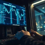 Institutional trading desk with encrypted order data on a monitor at night