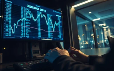 Institutional trading desk with encrypted order data on a monitor at night