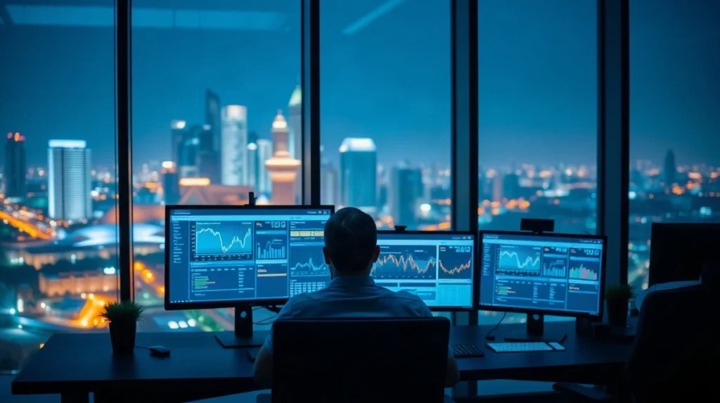Bank treasury analyst at a night-desk monitoring USD settlement dashboards on dual screens
