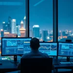 Bank treasury analyst at a night-desk monitoring USD settlement dashboards on dual screens