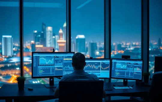 Bank treasury analyst at a night-desk monitoring USD settlement dashboards on dual screens