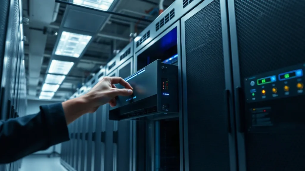 Data center server rack with a partially extended server unit and lit status lights