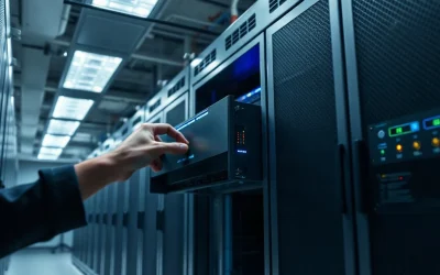 Data center server rack with a partially extended server unit and lit status lights