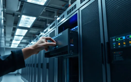 Data center server rack with a partially extended server unit and lit status lights