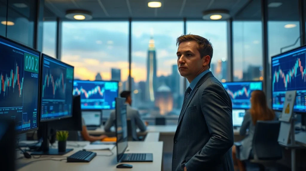 Analyst at multi-monitor crypto trading desk with Hong Kong skyline visible through glass windows at dusk