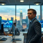 Analyst at multi-monitor crypto trading desk with Hong Kong skyline visible through glass windows at dusk
