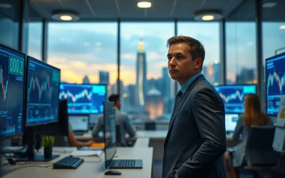 Analyst at multi-monitor crypto trading desk with Hong Kong skyline visible through glass windows at dusk