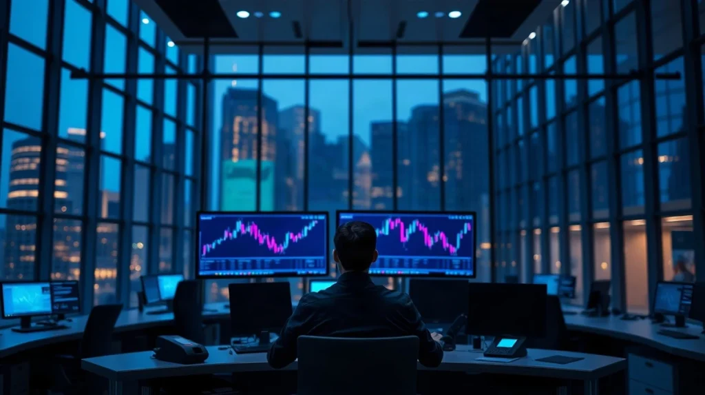 Institutional trader at a desk with Solana-coloured charts on monitors in a modern office at dusk