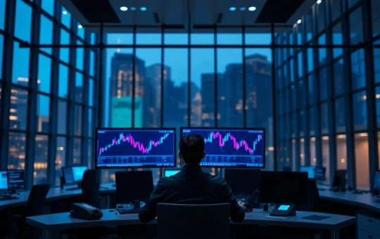 Institutional trader at a desk with Solana-coloured charts on monitors in a modern office at dusk