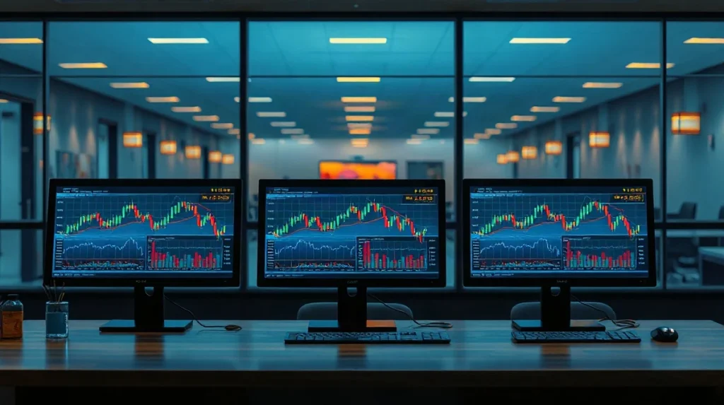 Empty Seoul trading desk with monitors showing crypto price charts at dusk