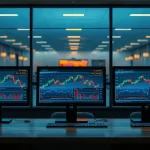 Empty Seoul trading desk with monitors showing crypto price charts at dusk