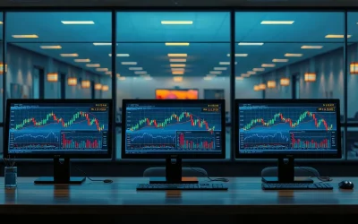 Empty Seoul trading desk with monitors showing crypto price charts at dusk