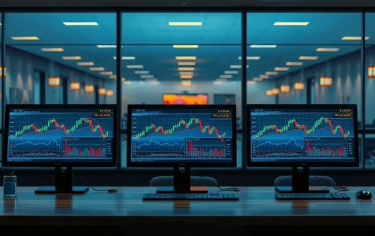 Empty Seoul trading desk with monitors showing crypto price charts at dusk