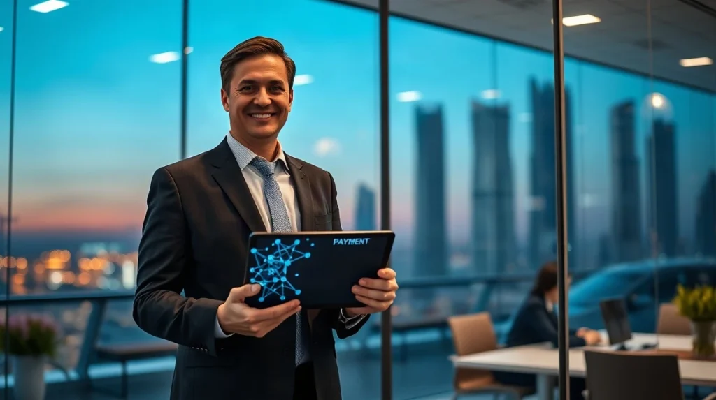 Bank executive in a modern office holding a tablet showing a blue digital payment network graphic