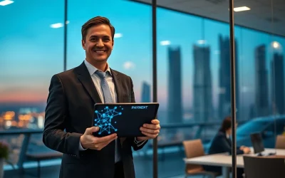 Bank executive in a modern office holding a tablet showing a blue digital payment network graphic