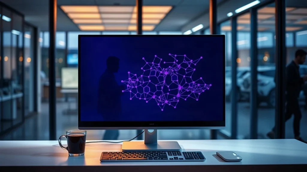 Monitor showing an abstract purple blockchain network graph in a dimly lit engineering office