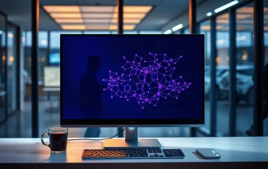 Monitor showing an abstract purple blockchain network graph in a dimly lit engineering office