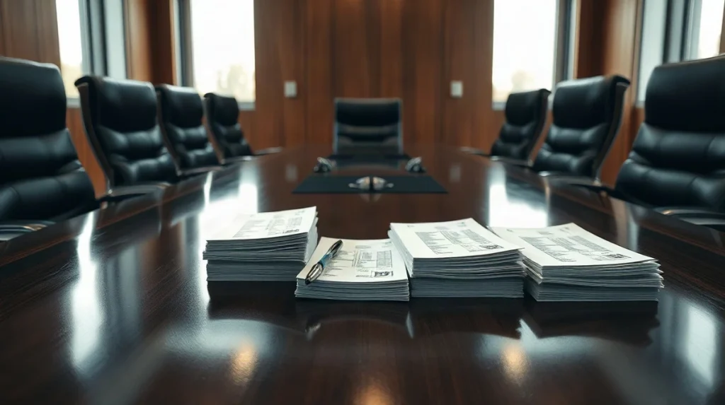 Boardroom table with stacks of shareholder ballots and a pen in soft daylight