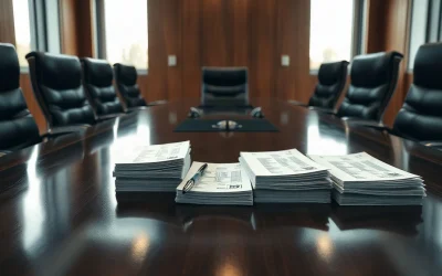 Boardroom table with stacks of shareholder ballots and a pen in soft daylight